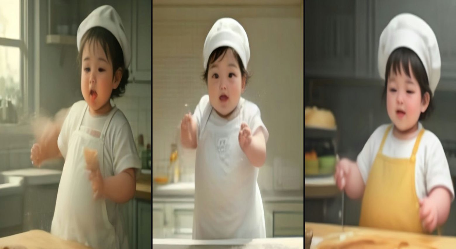 Baby Chef — Pancake Flip Disaster — 3-frame storyboard, AI Baby & Toddler AI video prompt example