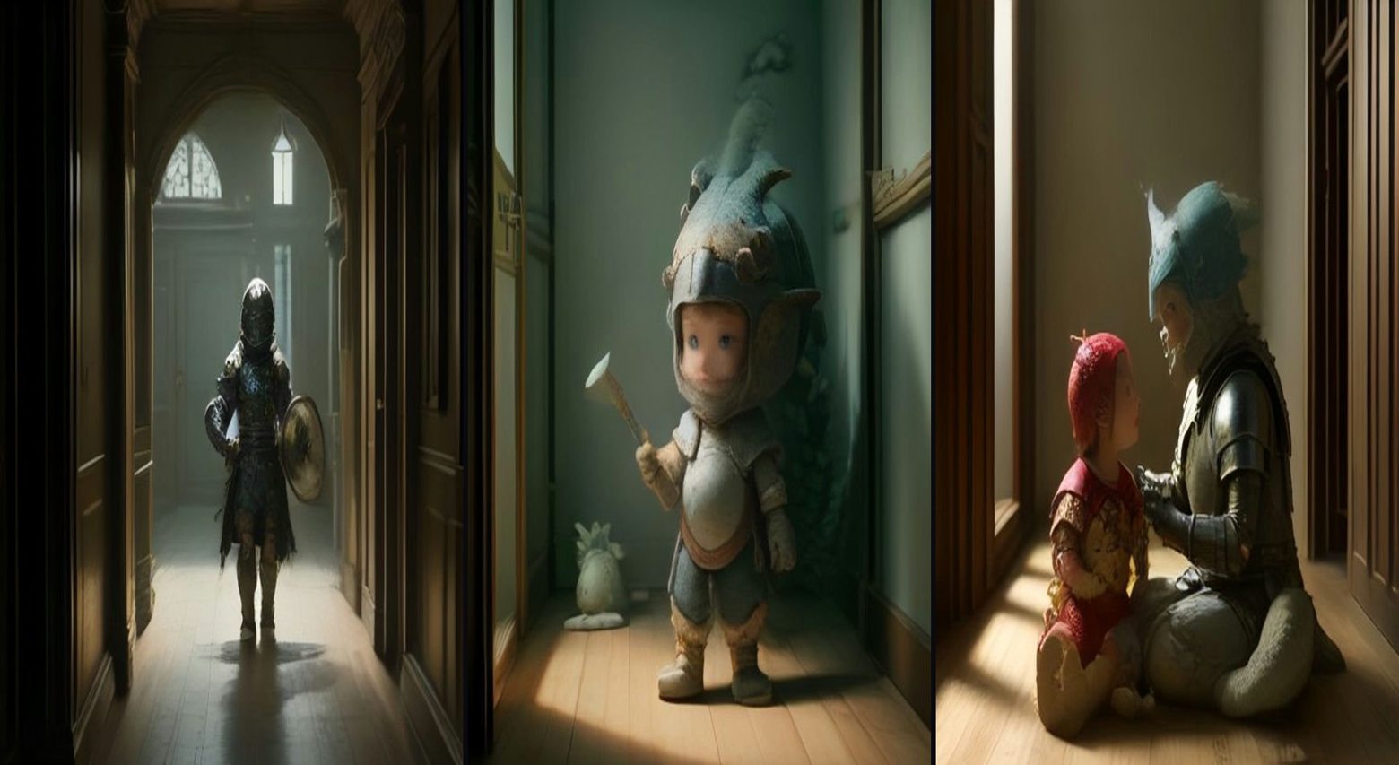 Baby Knight vs the Toy Dragon — 3-frame storyboard, Baby Knight AI video prompt example