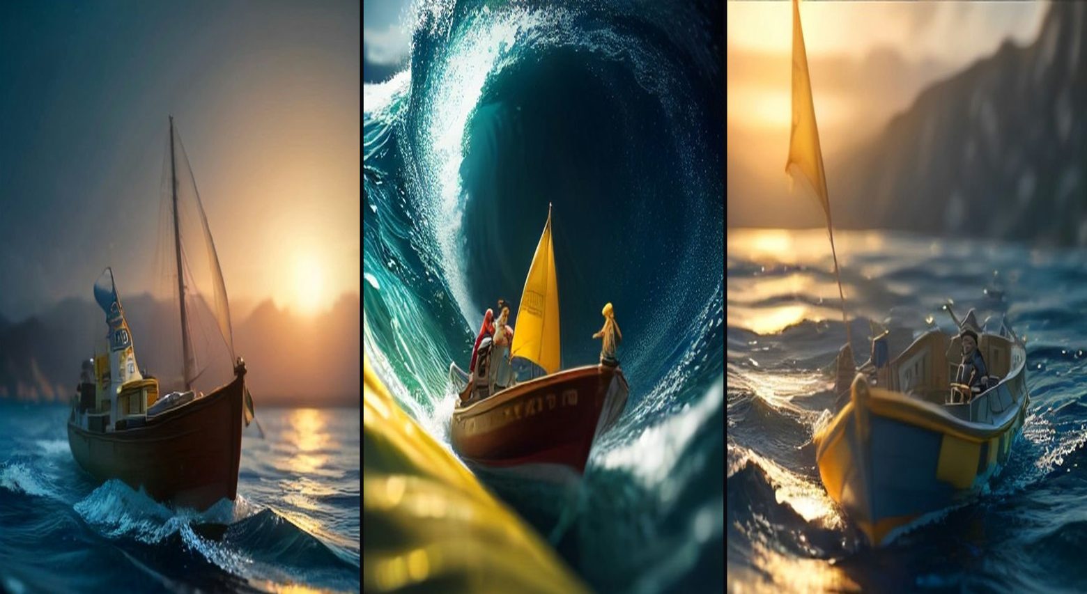 Bottlecap Boat Sailors — 3-frame storyboard, Miniature World AI video prompt example