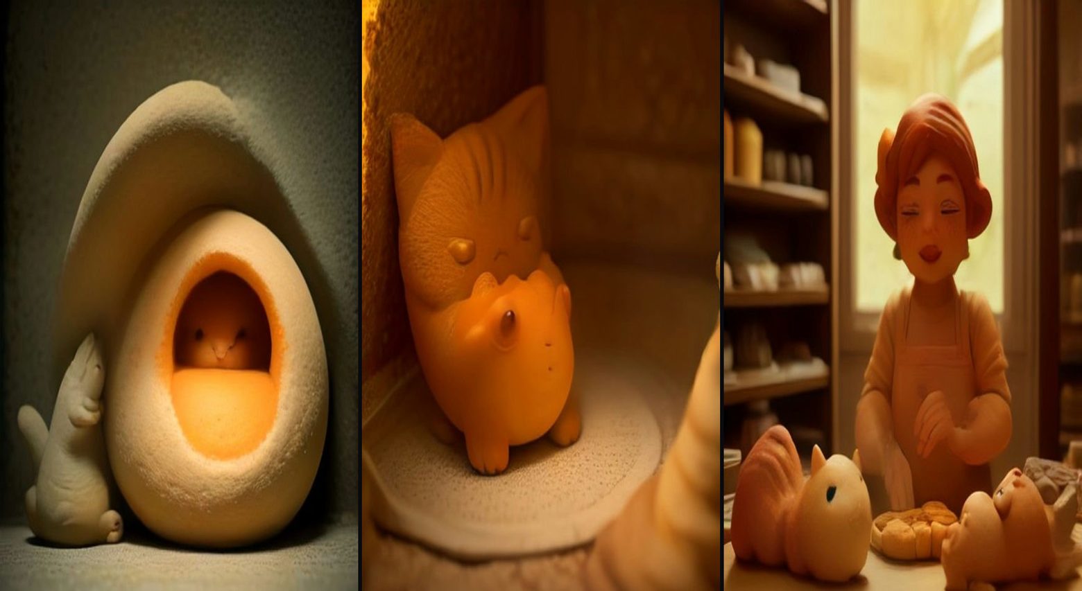 Claymation Cat Bakery — 3-frame storyboard, Claymation AI video prompt example