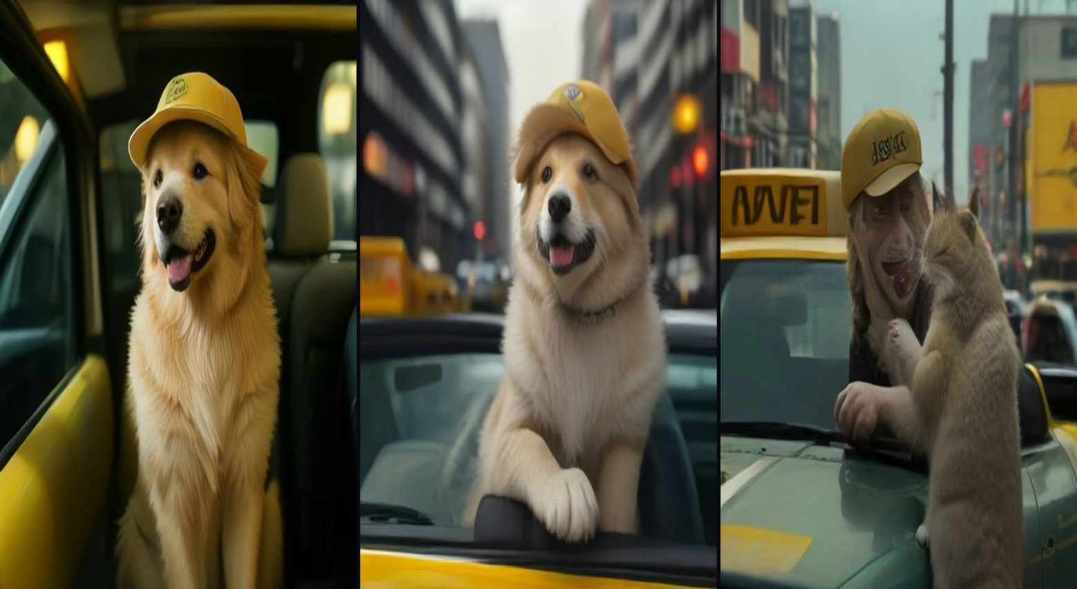Dog Taxi Driver — Five Stars, Please — 3-frame storyboard, Animal Comedy AI video prompt example