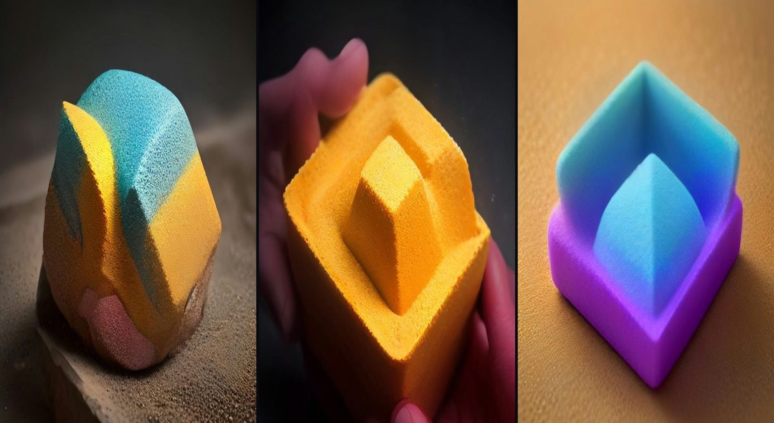 Kinetic Sand Cutting — Rainbow Layers — 3-frame storyboard, Satisfying & ASMR AI video prompt example