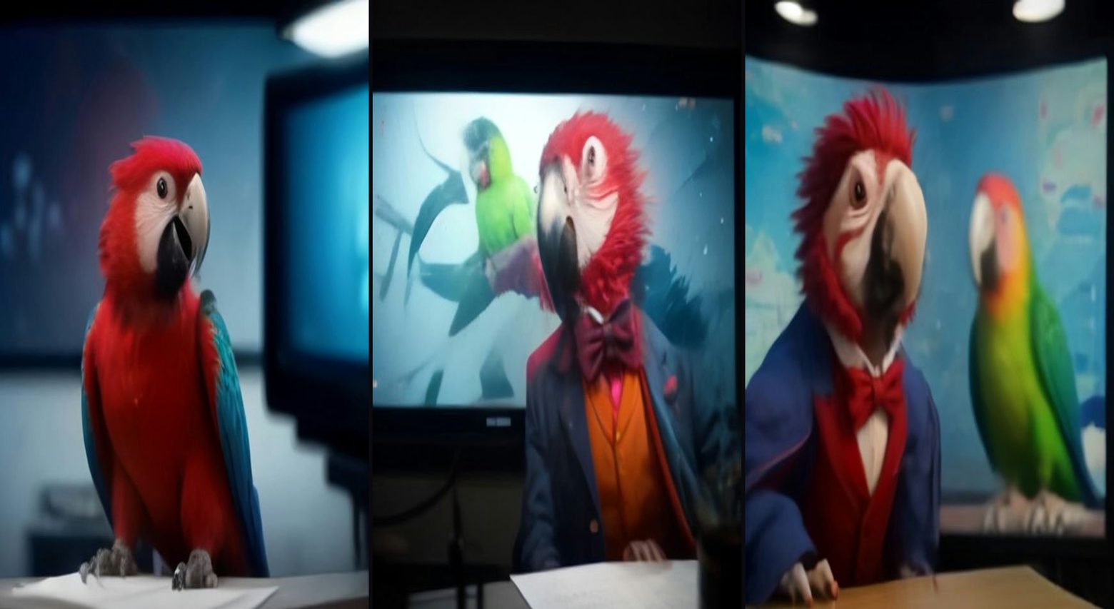 Parrot News Anchor — Breaking News — 3-frame storyboard, Animal Comedy AI video prompt example