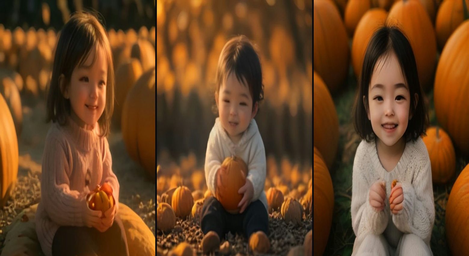 Pumpkin Patch Toddler — 3-frame storyboard, Seasonal Halloween AI video prompt example