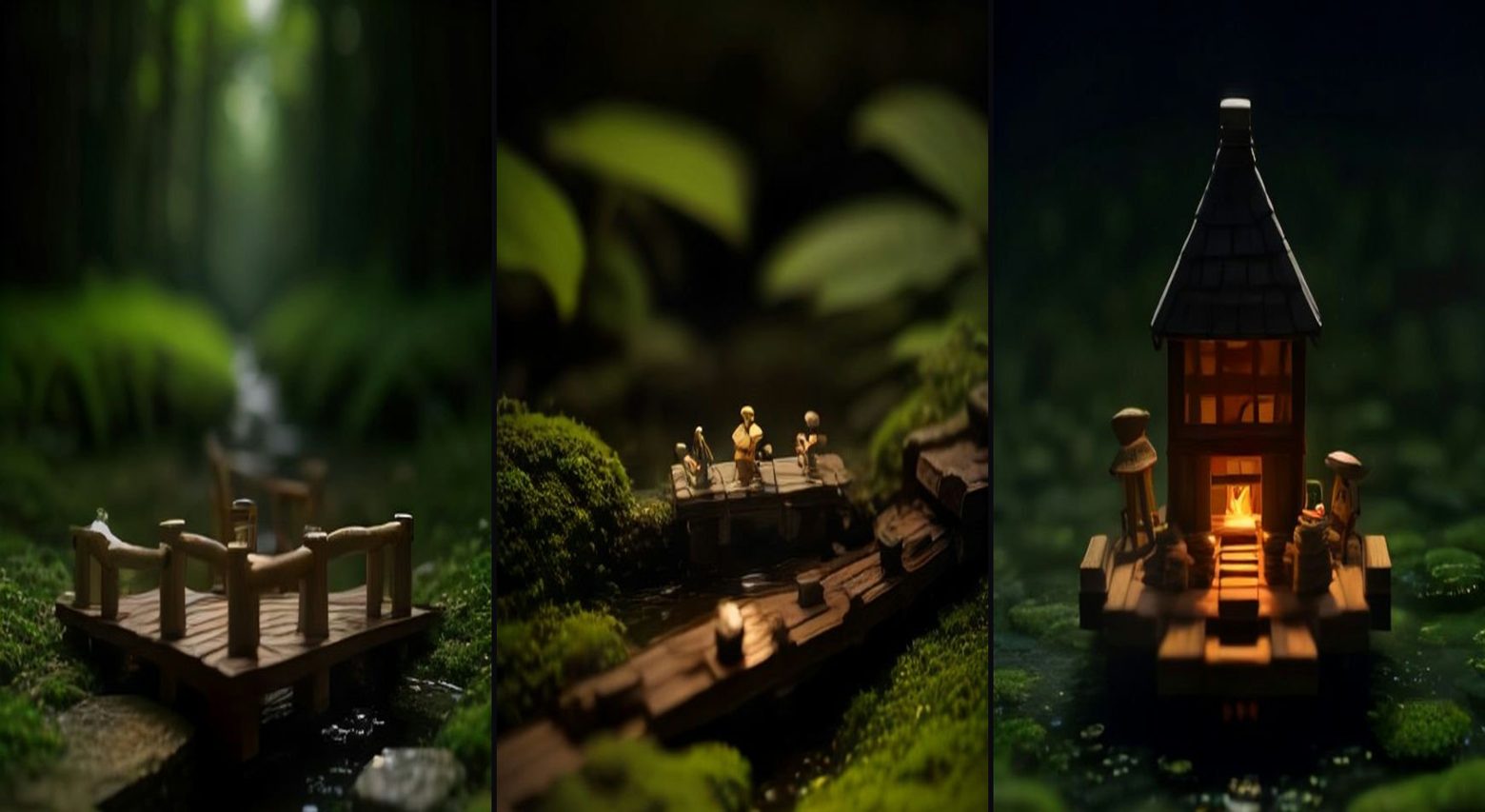Tiny Bridge Crew Rescue — 3-frame storyboard, Miniature World AI video prompt example